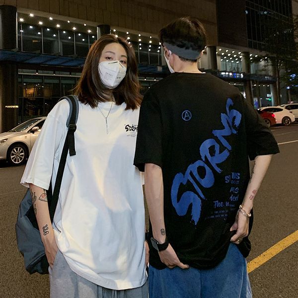 

2020 летнего нового молодежного популярной пара simple letter печать пятиточечного рукав футболка мода повседневная шею пуловер, White;black