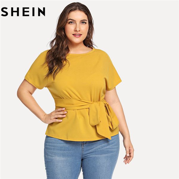 

shein ginger casual belted o neck raglan short sleeve plus size women blouses summer elegant tie waist solid blouse with sashes, White