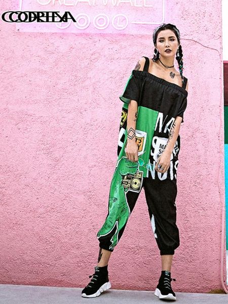 

streetwear oversized loose playsuits short sleeve sling romper rock dinosaur bodysuit ladies thin jumpsuit women summer 2020 new, Black;white