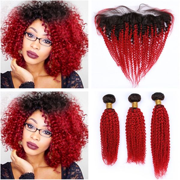 Bright Red Ombre Human Hair Lace Frontal Closure With 3bundles 1b