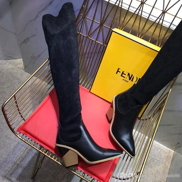 

women high heel stretch-knit sock boots 22 inches over the knee boots breathable elastic ladies winter boots with original box, Black
