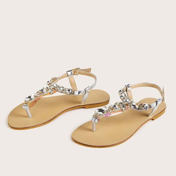 

2020 summer women flat slides cozy sandals women's beaded rhinestone trend solid non-slip flat with slippers sandals, Black