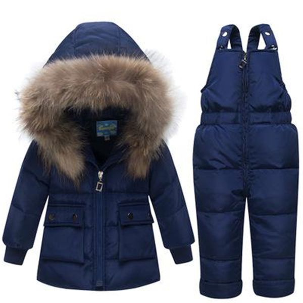 

2pcs winter children's down suit fur hooded jacket with bib pants baby boy girl russia winter thicken down coats outer snowsuit, Blue;gray