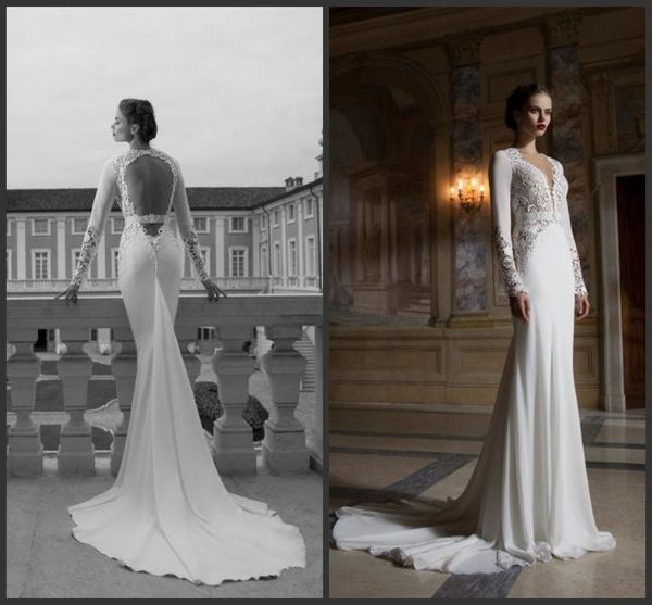 

элегантные русалка кружева берта свадебные платья с длинными рукавами с глубоким вырезом на шее полый часовня поезд 2019 новые свадебные пла, White