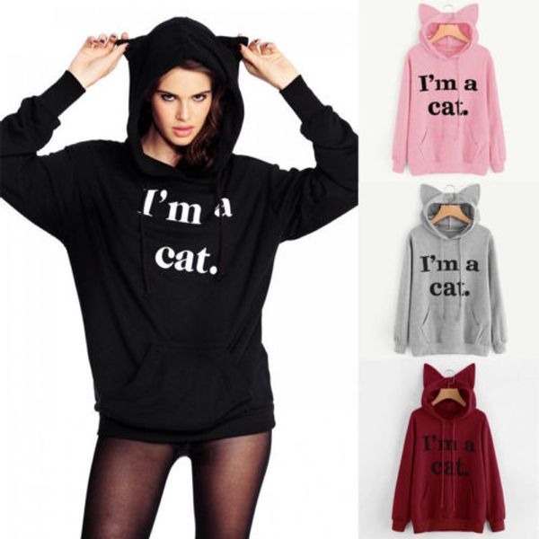 

i'm a cat womens cat ear long sleeve hoodie sweatshirt pullover, Black