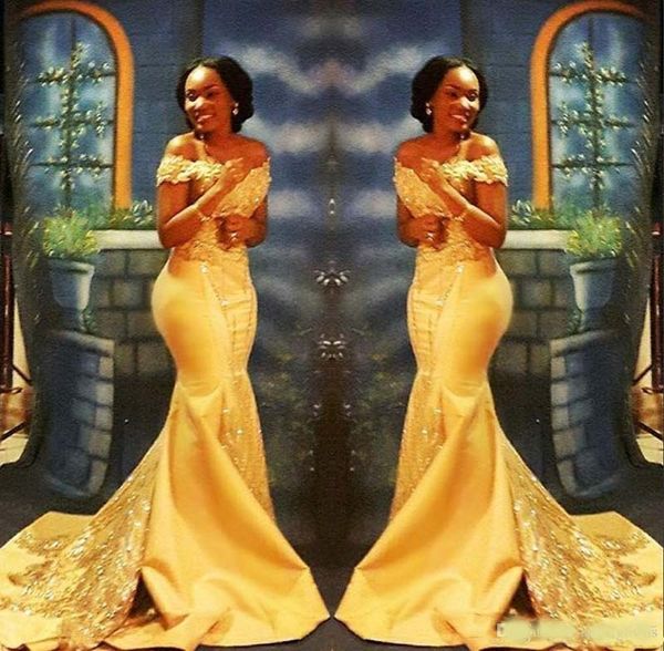 

elegant yellow african mermaid prom dresses long formal off shoulder luxury beading crystal satin arabic trumpet evening gowns, Black;red