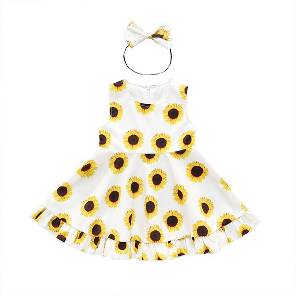 

baby girls clothes set sunflower print ruffles off-shoulder crop pantskirt skirts headband outfits set, White