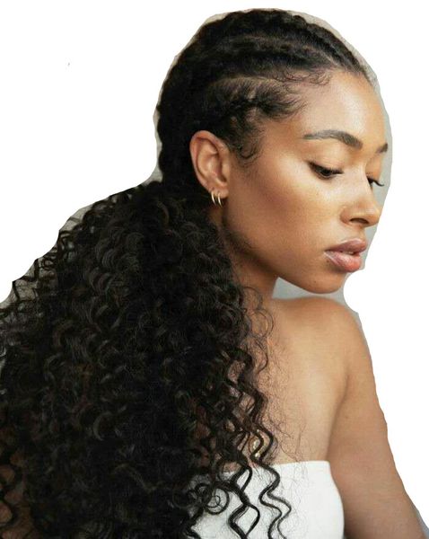 

16inch kinky curly extensions ponytail for women #1b black clip in ponytail human hair hair piece wrap around ponytail 120g