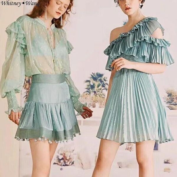 

whitney wang 2019 summer fashion streetwear skew hollow out shoulder ruffles pleated dress women beach dress party dresses, Black;gray