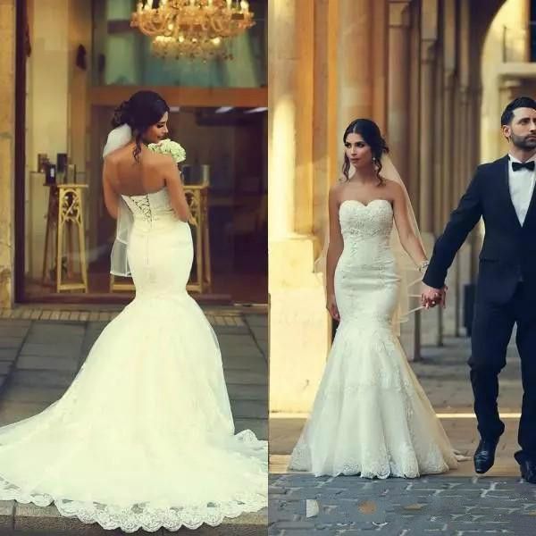 

modest arabic mermaid wedding dresses sweetheart neckline sleeveless lace appliques bridal gowns corset back plus size robe de mariée, White