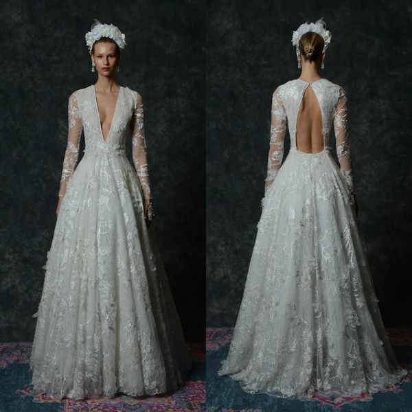 

2020 naeem khan wedding dresses a line lace applique deep v neck floor length long sleeve bridal gowns custom made bohemian wedding dress, White
