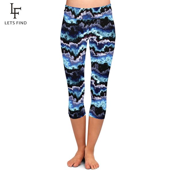 

women's leggings letsfind beauiful 3d clouds digital printing soft capri high waist plus size slim women fitness mid-calf, Black