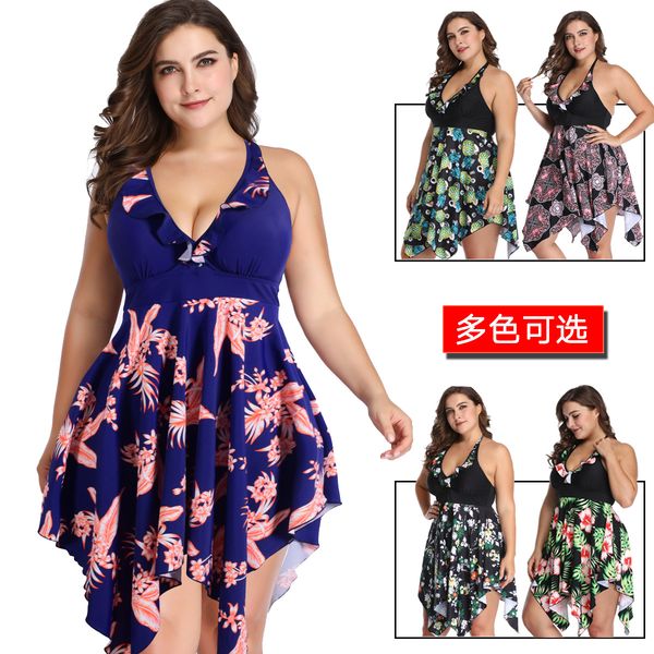 

2019 new selling large-size swimsuit split skirt printing plus fat european and american selling swimsuit spot, White;black