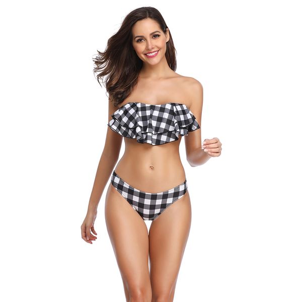 

2019 plaid women bikini set black&white bathing suits swimwear ruffles push up swimsuits beachwear biquinis femme, White;black