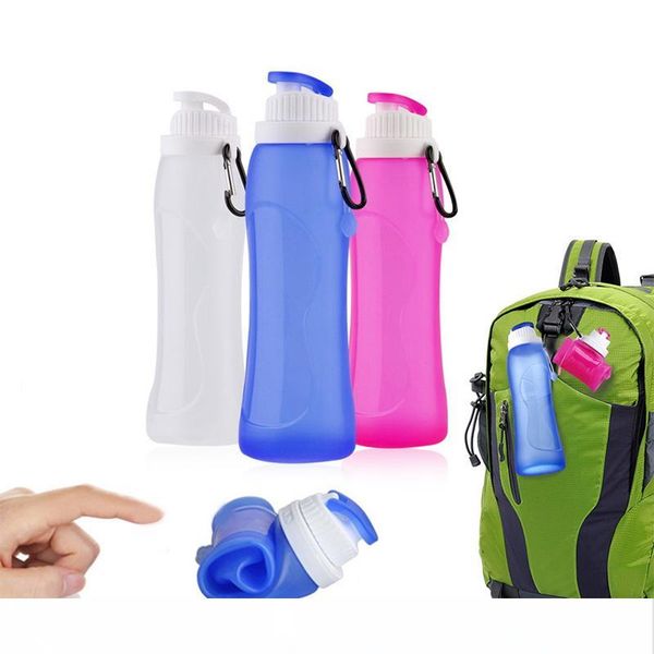 

2018 foldable outdoor water bottles 500ml food grade leafproof silicone bottle travel sport collapsible water bottles foldable cups