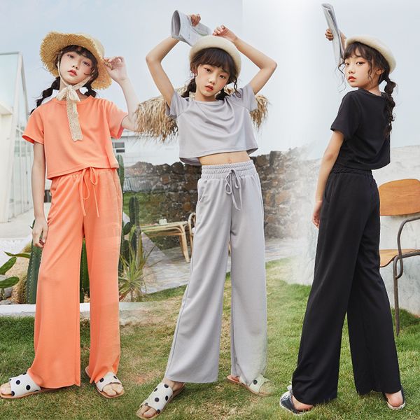 

new fashion teen girls summer clothes set casual kids girls t-shirt and wide leg pants set cotton children two piece set, #8792, White