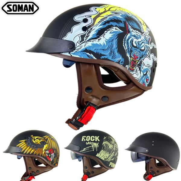 

зоман capacete vintage половина каско мото моющийся подкладка ретро мотоцикл шлем dot blue wolf printed cascos para мото измельчитель