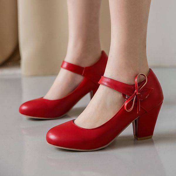 

fashion hook loop block hih heel mary jane womens shoes bowtie women pumps footwear summer 2020 plus size ladies heels, Black