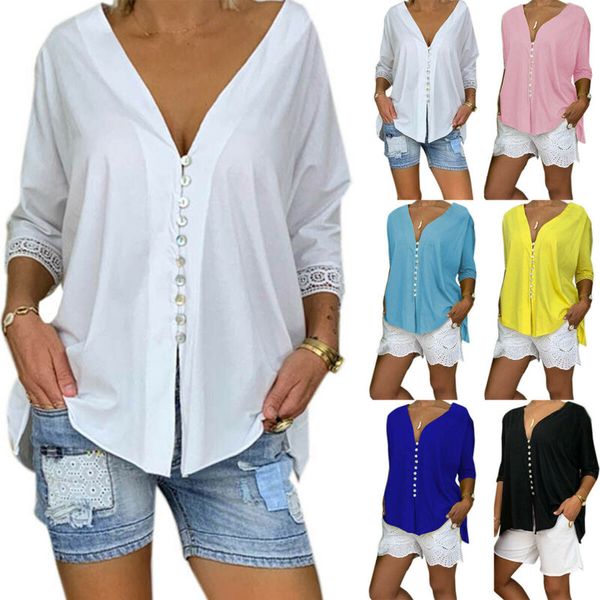 

womens v-neck lace sleeve casual boho shirts ladies baggy buttons blouse, White