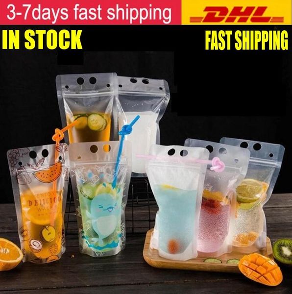 

dhl ship 100pcs clear drink pouches bags frosted zipper stand-up plastic drinking bag with straw with holder reclosable heat-proof 17oz