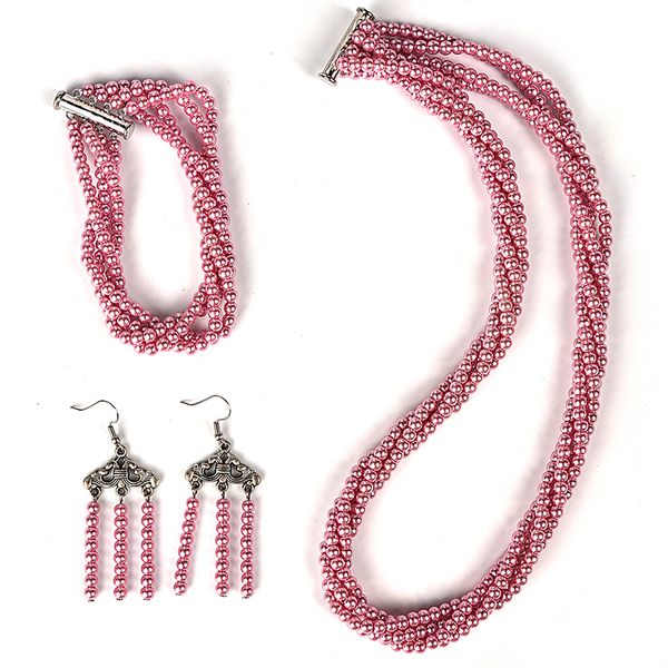 

light red surround style chic and consists of multiple chains synthesis pearl necklace bracelet and curtain earrings, Black