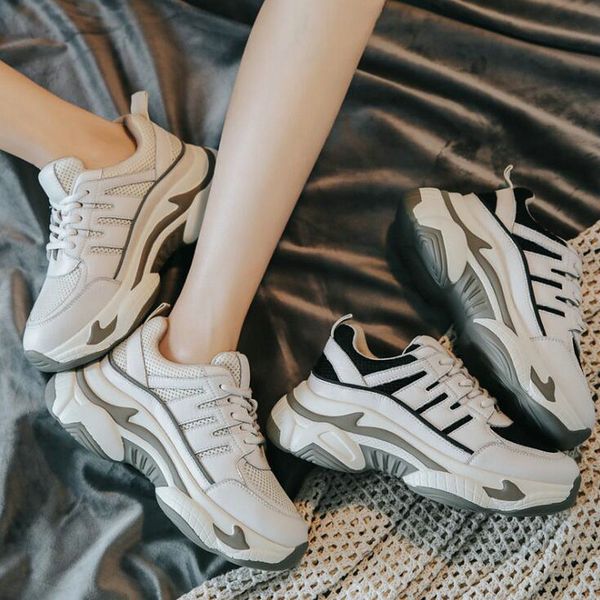 

2019 autumn running shoes breathable comfortable pu+mesh sneakers woman thick bottom lace-up light wild sports shoes c34-38