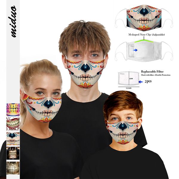 

2020 new styles skull face mask digital printing protective mask with filter chip dustproof pm2.5 smog mask for children