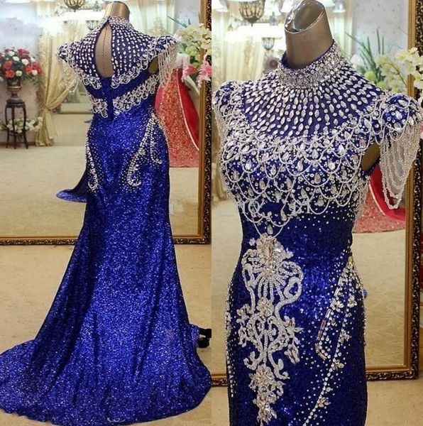 

royal blue high neck evening dresses party elegant for women crystal sequined real ps red carpet celebrity formal gowns, Black;red