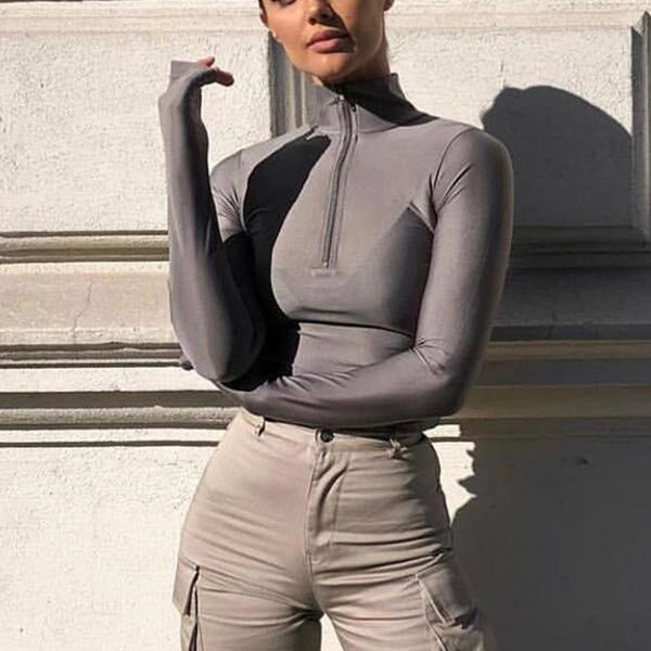 

marchwind brand long sleeve zipper high neck bodysuit women elastic slim rompers womens jumpsuit basic casual party overalls, Black;white