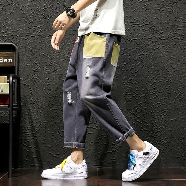 

casual patchwork ankle-length straight loose plus size jeans men psmj56, Blue