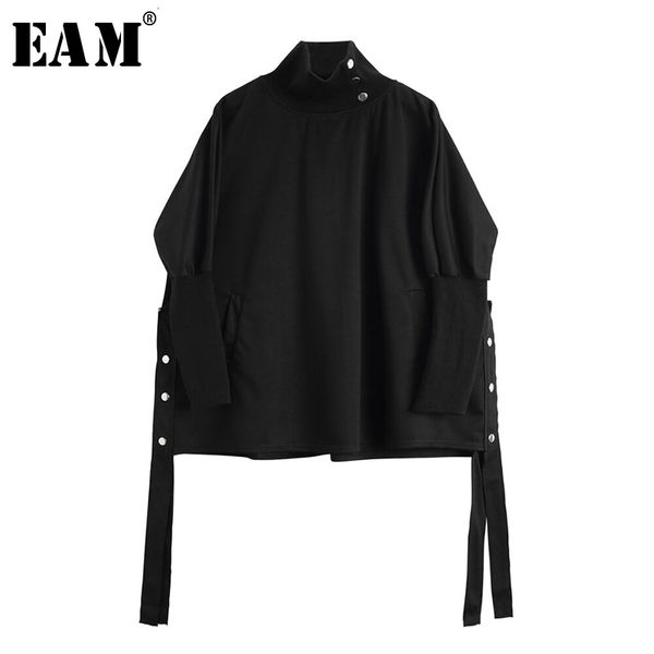 

eam] сыпучие fit black ribbon крупногабаритные толстовка новый высокий воротник с длинным рукавом женщины большой размер мода осень зима 20