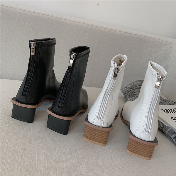 

white ankle boots zipper women's shoes platform luxury designer booties woman 2019 low heel boots-women short rock, Black