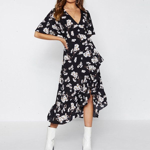 

womens dresses women designer clothes dress print women floral summer ruffles chiffon dress boho sundress short sleeve maxi party dress, Black;gray