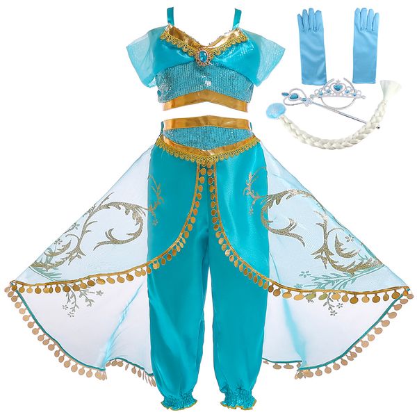 

aladdin's lamp jasmine belly dance cosplay clothing set for girls princess christmas kids halloween costumes children clothing, White