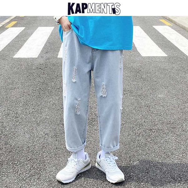 

men's jeans kapments men streetwear hole harem pants 2021 mens vintage harajuku korean straight blue denim male kpop baggy