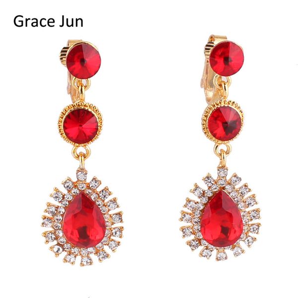 

grace jun qulaity austria crystal rhinestone gold color long teardrop shape clip on earrings non piercing bridal earrings, Silver