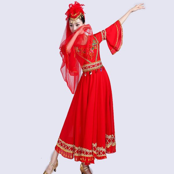 

xinjiang uyghur dance costume chinese folk dancing dress women square dancer stage wear festival performance gown, Black;red