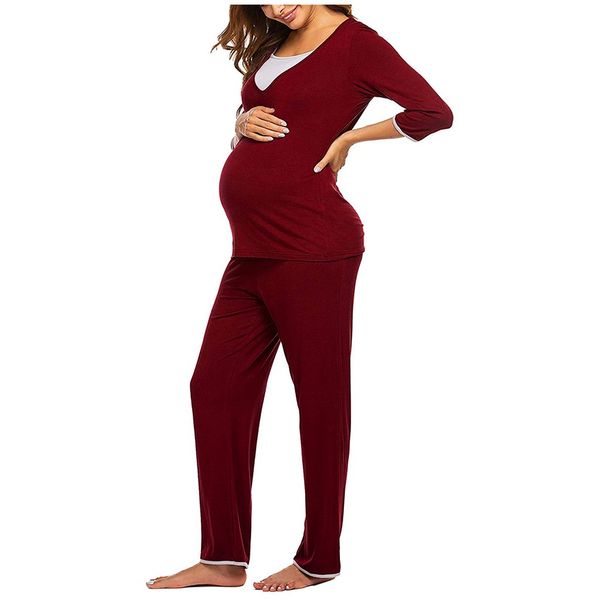 

women maternity 3/4 long sleeve sets nursing baby t-shirt +pants pajamas suit solid loose clothes female comfortable outfits, White