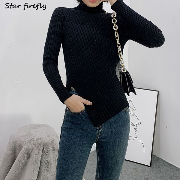 

star firefly casual solid high collar metal button sweater women 2019 autumn two-color irregular hem slim bottoming knitwear, White;black