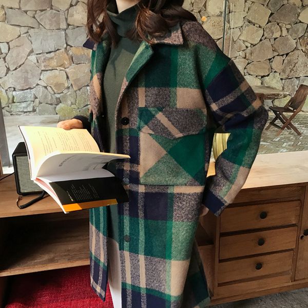 

casual plaid women long winter wool blend coat wide-waisted wool coat and jacket single breasted outerwear, Black