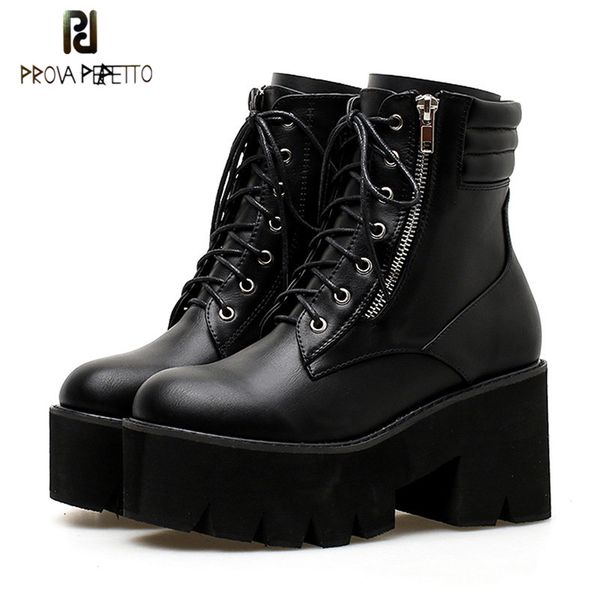 

prova perfetto wholesale ankle boots for women motorcycle boots chunky heels casual lacing round toe platform shoes female, Black