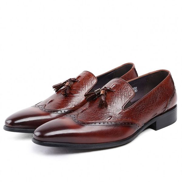 

large size brown black pointed toe loafers men dress shoes genuine leather business shoes male wedding groom js-a0004