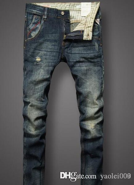 

foreign trade new trend men's jeans retro old holes young slim pants men, Blue