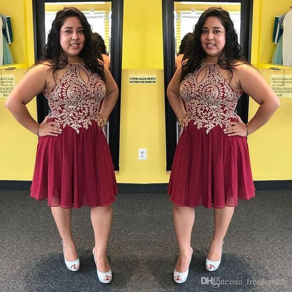 

new burgundy homecoming dresses chiffon a line keyhole neck knee length backless cocktail party dresses with gold appliques, Blue;pink