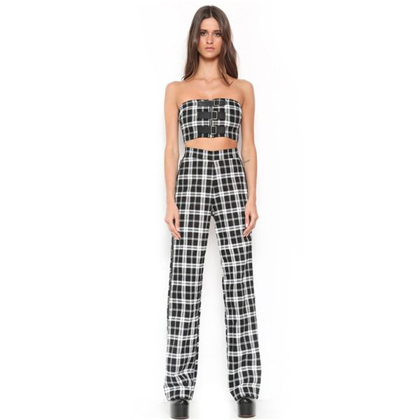 

Two Piece Set Tracksuit Plaid Sexy Sleeveless Sweatsuits For Office Lady Sets Cropped Survetement Femme Military