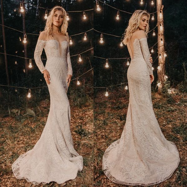 

2020 bohemian свадебные платья jewel кружева аппликации длинные рукава свадебные платья поезд стреловидности кузнецова русалка свадебное пла, White