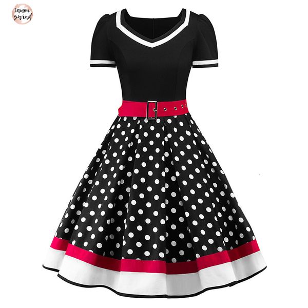 

party dresses polka s dot print vintage dress women summer v neck 2xl a lined sweetheart up belt designer clothes, Black;gray