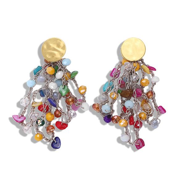 

bohemian irregular natural stone beads gold sequins earrings women round colorful handmade braid tassel earrings ethic jewelry, Silver