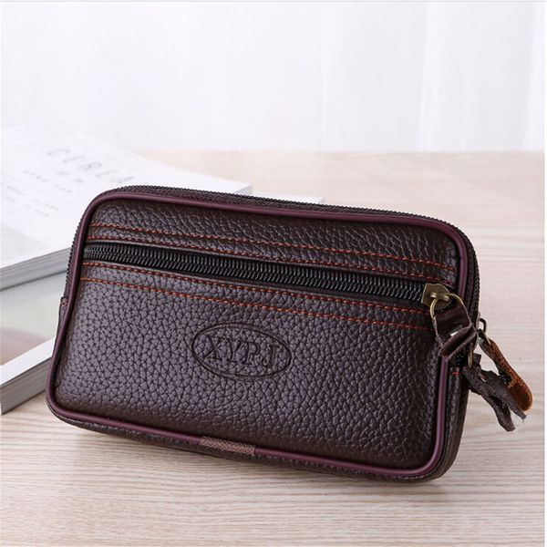 

men's zipper leather waist bag mobile phone bag multifunctional double soft leather new wear belt card coin purse