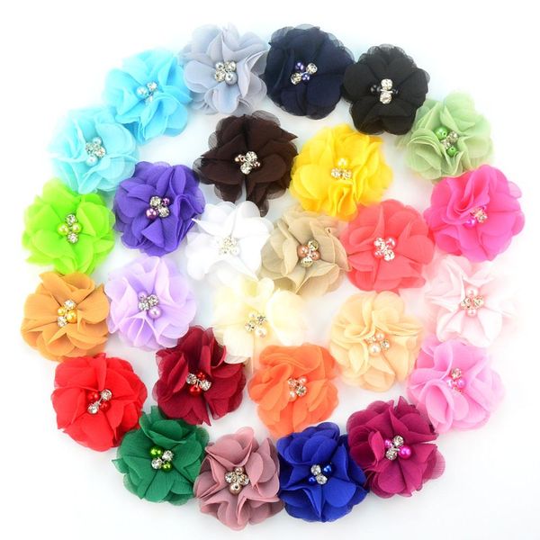 27 farben Chiffon Blumen Mit Perle Strass Mitte Künstliche Blume Stoff Blumen Kinder Haar Zubehör Baby